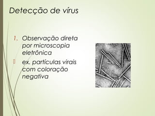 Detecção de vírus 
1. Observação direta 
por microscopia 
eletrônica 
 ex. partículas virais 
com coloração 
negativa 
 