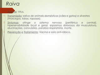 Raiva 
 Agente: Vírus. 
 Transmissão: saliva de animais domésticos (cães e gatos) e silvestres 
(morcegos, lobos, raposas). 
 Sintomas: atinge o sistema nervoso (periférico e central), 
hipersensibilidade local e geral, espasmos dolorosos da musculatura, 
alucinações, convulsões, paralisia respiratória, morte. 
 Prevenção e Tratamento: Vacina e soro anti-rábico. 
 