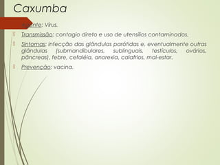 Caxumba 
 Agente: Vírus. 
 Transmissão: contagio direto e uso de utensílios contaminados. 
 Sintomas: infecção das glândulas parótidas e, eventualmente outras 
glândulas (submandibulares, sublinguais, testículos, ovários, 
pâncreas), febre, cefaléia, anorexia, calafrios, mal-estar. 
 Prevenção: vacina. 
 