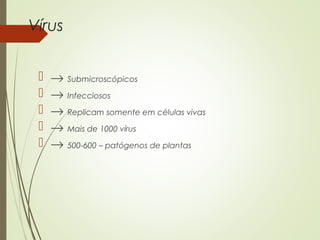 Vírus 
 ® Submicroscópicos 
 ® Infecciosos 
 ® Replicam somente em células vivas 
 ® Mais de 1000 vírus 
 ® 500-600 – patógenos de plantas 
 