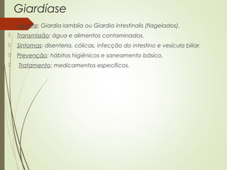 Giardíase 
 Agente: Giardia lamblia ou Giardia intestinalis (flagelados). 
 Transmissão: água e alimentos contaminados. 
 Sintomas: disenteria, cólicas, infecção do intestino e vesícula biliar. 
 Prevenção: hábitos higiênicos e saneamento básico. 
 Tratamento: medicamentos específicos. 
 