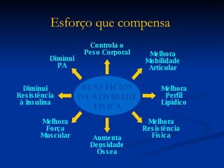 AGITA São Paulo Esforço que compensa   BENEFÍCIOS DA ATIVIDADE FÍSICA Melhora Perfil Lipídico Diminui P A Diminui Resistência à Insulina Melhora Força Muscular Aumenta Densidade Óssea Melhora Resistência Física Melhora Mobilidade Articular Controla o Peso Corporal 
