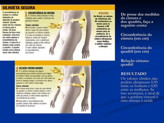 De posse das medidas da cintura e dos quadris, faça a seguinte conta:    Circunferência da cintura (em cm) Circunferência do quadril (em cm)   Relação cintura-quadril RESULTADO  Os valores obtidos não podem ultrapassar 0,90 entre os homens e 0,85 entre as mulheres. Se isso acontecer, é sinal de que a gordura visceral é uma ameaça à saúde  