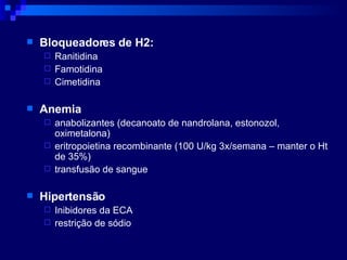Bloqueadores de H2: Ranitidina Famotidina Cimetidina Anemia anabolizantes (decanoato de nandrolana, estonozol, oximetalona)  eritropoietina recombinante (100 U/kg 3x/semana – manter o Ht de 35%) transfusão de sangue Hipertensão Inibidores da ECA  restrição de sódio 