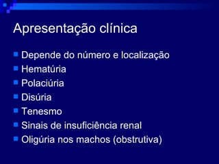 Apresentação clínica Depende do número e localização Hematúria Polaciúria Disúria Tenesmo Sinais de insuficiência renal Oligúria nos machos (obstrutiva) 