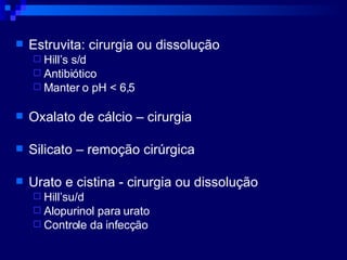 Estruvita: cirurgia ou dissolução Hill’s s/d Antibiótico Manter o pH < 6,5 Oxalato de cálcio – cirurgia Silicato – remoção cirúrgica Urato e cistina - cirurgia ou dissolução Hill’su/d Alopurinol para urato Controle da infecção 