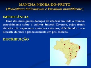 IMPORTÂNCIA
Uma das mais graves doenças do abacaxi em todo o mundo,
especialmente sobre a cultivar Smooth Cayenne, cujos frutos
afetados não expressam sintomas externos, dificultando o seu
descarte durante o processamento em pós-colheita.
DISTRIBUIÇÃO
MANCHA-NEGRA-DO–FRUTO
(Penicillium funiculosum e Fusarium moniliforme )
 