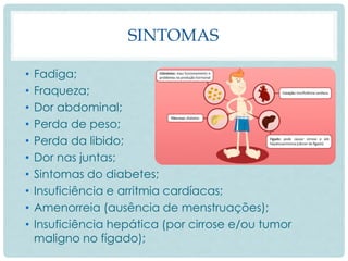 SINTOMAS
• Fadiga;
• Fraqueza;
• Dor abdominal;
• Perda de peso;
• Perda da libido;
• Dor nas juntas;
• Sintomas do diabetes;
• Insuficiência e arritmia cardíacas;
• Amenorreia (ausência de menstruações);
• Insuficiência hepática (por cirrose e/ou tumor
maligno no fígado);
 