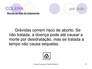 CÓLERA   por João Grávidas correm risco de aborto. Se não tratada, a doença pode até causar a morte por desidratação, mas se tratada a tempo não causa sequelas. Doenças Causadas por Agentes Biológicos Riscos na falta de tratamento: 
