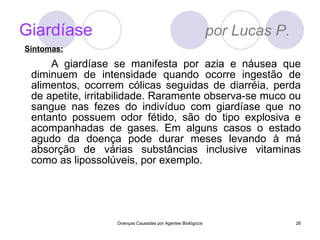 Giardíase   por Lucas P. A giardíase se manifesta por azia e náusea que diminuem de intensidade quando ocorre ingestão de alimentos, ocorrem cólicas seguidas de diarréia, perda de apetite, irritabilidade. Raramente observa-se muco ou sangue nas fezes do indivíduo com giardíase que no entanto possuem odor fétido, são do tipo explosiva e acompanhadas de gases. Em alguns casos o estado agudo da doença pode durar meses levando à má absorção de várias substâncias inclusive vitaminas como as lipossolúveis, por exemplo. Doenças Causadas por Agentes Biológicos Sintomas: 