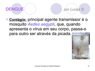 DENGUE  por Lucas S. Contágio:  principal agente transmissor é o mosquito  Aedes aegypti ,  que, quando apresenta o vírus em seu corpo, passa-o para outro ser através da picada. Doenças Causadas por Agentes Biológicos 