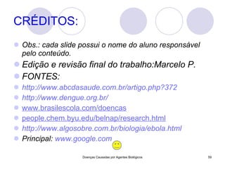CRÉDITOS: Obs.: cada slide possui o nome do aluno responsável pelo conteúdo. Edição e revisão final do trabalho:Marcelo P. FONTES: http://www.abcdasaude.com.br/artigo.php?372 http://www.dengue.org.br/ www.brasilescola.com/doencas people.chem.byu.edu/belnap/research.html http://www.algosobre.com.br/biologia/ebola.html Principal:  www.google.com   Doenças Causadas por Agentes Biológicos 
