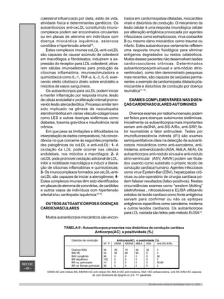 RECOC
- 40 -
Revista Centro-Oeste de Cardiologia Vol.8 nº 2 - 2000
colesterol influenciado por dieta, estilo de vida,
atividade física e determinantes genéticos. Os
autoanticorpos anti-oxLDL constituíndo imuno-
complexos podem ser encontrados circulantes
ou em placas de ateroma em indivíduos com
doença miocárdica isquêmica, estenose
corotídea e hipertensão arterial15
.
Estes complexos imunes oxLDL-anti-oxLDL
são capazes de causar acúmulo de colesterol
em macrófagos e fibroblastos; induzirem a ex-
pressão do receptor para LDL-colesterol; ativa-
rem células imunoefetoras para produção de
citocinas inflamatória, imunoestimuladora e
quimiotóxica como IL-1, TNF-a, IL-3, IL-5; exer-
cendo efeito citotóxico direto sobre endotélio e
miócitos de vasos sanguíneos.
Os autoanticorpos para oxLDL podem iniciar
e manter inflamação por resposta imune, lesão
de célula endotelial e proliferação intimal promo-
vendo lesão aterosclerótica. Processo similar tem
sido implicado na gênese de vasculopatia
aterotrombótica em várias vásculo-colagenosas
como LES e outras doenças sistêmicas como
diabetes, toxemia gravídica e insuficiência renal
crônica.
Em que pese as limitações e dificuldades na
interpretação de dados comparativos, há concor-
dância no que concerne às seguintes proprieda-
des patogênicas da oxLDL e anti-oxLDL: 1- A
oxidação da LDL pode ocorrer nas células
endoteliais, nos miócitos e macrófagos; 2- A
oxLDL pode promover oxidação adicional de LDL,
inibir a motilidade macrofágica e induzir a libera-
ção de citocinas inflamatórias e quimiotóxicas;
3- Os imunocomplexos formados por oxLDL-anti-
oxLDL são capazes de iniciar a aterogênese; 4-
Estes complexos imunes têm sido identificados
em placas de ateroma de coronárias, de carótidas
e outros vasos de indivíduos com hipertensão
arterial e/ou cardiopatia isquêmica15-16
.
OUTROS AUTOANTICORPOS E DOENÇAS
CARDIOVASCULARES
Muitos autoanticorpos miocárdicos são encon-
trados em cardiomiopatias dilatadas, miocardites
virais e distúrbios de condução. O mecanismo da
lesão celular é uma resposta imunológica celular
por alteração antigênica provocada por agentes
infecciosos como estreptococos, virus coxsackie
B ou mesmo dano miocárdico como trauma ou
infarto. Estes autoanticorpos certamente refletem
uma resposta imune fisiológica para eliminar
antígenos degradados ou restos catabólicos.
Muitos desses pacientes não desenvolvem lesões
cardiovasculares crônicas. Determinados
autoanticorpos(anti-sinusal e anti-nódulo átrio-
ventricular), como têm demonstrado pesquisas
mais recentes, são capazes de seqüelas perma-
nentes a exemplo da cardiomiopatia dilatada pós-
miocardite e distúrbios de condução por doença
reumática17-18
.
EXAMES COMPLEMENTARES NAS DOEN-
ÇAS CARDIOVASCULARES AUTOIMUNES
Diversos exames por radioimunoensaio podem
ser feitos para doenças autoimunes sistêmicas.
Inicialmente os autoanticorpos mais importantes
seriam anti-dsDNA, anti-SS-A/Ro, anti-SRP, fa-
tor reumatóide e fator antinuclear. Testes por
imunofluorescência indireta (IFI) são exames
semiquantitativos úteis na detecção de autoanti-
corpos miocárdicos como anti-sarcolema, anti-
miolema, anti-endocárdio (ASA, AMLA, AEA). Os
autoanticorpos anti-nódulo sinusal e anti-nódulo
átrio-ventricular (ASV, AAVN) podem ser titula-
dos usando como substrato o próprio tecido de
condução cardíaca humano. Agentes infecciosos
como virus Epstein-Bar (EBV), hepatopatias crô-
nicas ou pós-operatório de cirurgia cardíaca po-
dem falsear resultados (falso-positivos). Nestas
circunstâncias exames como “western blotting”
(eletroforese , nitrocelulose) e ELISA utilizando
extratos de tecido cardíaco como fonte antigênica
servem para confirmar ou não os epitopes
antigênicos específicos como sarcolema, miolema
e outros tecidos cardíacos. Os autoanticorpos
para LDL oxidada são feitos pelo método ELISA19
.
Distúrbio de condução Anticorpo(AC) e positividade (%)
Nº. P ASNA AAVNA AMLA ASA Anti-SS-A/Ro
Doença NSA 45 29 18 44 29 0
BAV 55 24 22 69 60 0 0
BAV congênito 48 0 0 0 0 92
BR isquêmico 102 0 0 0 0 0
BR na polimiosite 14 0 0 0 0 50-80
BR na fibrose pulmonar 56 0 0 0 0 0
TABELA II - Autoanticorpos presentes nos distúrbios de condução cardíaca
Anticorpo(AC) e positividade (%)
ASNA=AC anti-nódulo AS, AAVNA=AC anti-nódulo AV, AMLA=AC anti-míolema, ASA =AC antisarcolema, anti-SS-A/Ro=AC associa-
do com Síndrome de Sjogren e LES P= pacientes
 