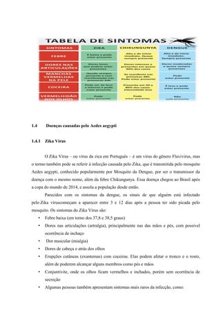 1.4 Doenças causadas pelo Aedes aegypti
1.4.1 Zika Vírus
O Zika Vírus – ou vírus da zica em Português – é um vírus do gênero Flavivirus, mas
o termo também pode se referir à infecção causada pelo Zika, que é transmitida pelo mosquito
Aedes aegypti, conhecido popularmente por Mosquito da Dengue, por ser o transmissor da
doença com o mesmo nome, além da febre Chikungunya. Essa doença chegou ao Brasil após
a copa do mundo de 2014, e assola a população desde então.
Parecidos com os sintomas da dengue, os sinais de que alguém está infectado
pelo Zika víruscomeçam a aparecer entre 3 e 12 dias após a pessoa ter sido picada pelo
mosquito. Os sintomas do Zika Vírus são:
• Febre baixa (em torno dos 37,8 e 38,5 graus)
• Dores nas articulações (artralgia), principalmente nas das mãos e pés, com possível
ocorrência de inchaço
• Dor muscular (mialgia)
• Dores de cabeça e atrás dos olhos
• Erupções cutâneas (exantemas) com coceiras. Elas podem afetar o tronco e o rosto,
além de poderem alcançar alguns membros como pés e mãos
• Conjuntivite, onde os olhos ficam vermelhos e inchados, porém sem ocorrência de
secreção
• Algumas pessoas também apresentam sintomas mais raros da infecção, como:
 