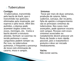 Tuberculose
Sintomas
Tosse por mais de duas semanas,
produção de catarro, febre,
sudorese, cansaço, dor no peito,
falta de apetite e emagrecimento
são os principais sintomas da
tuberculose. Nos casos mais
avançados, pode aparecer escarro
com sangue. Pessoas com esses
sintomas associados ou
isoladamente devem procurar um
Posto de Saúde o mais rápido
possível, pois o tratamento é
gratuito e deve ser iniciado
imediatamente.
Vacina
Não existe vacina.
Contágio
A tuberculose, transmitida
pelo bacilo de Koch, que é
transmitido nas gotículas
eliminadas pela respiração, por
espirros e pela tosse. Além dos
pulmões, a doença pode
acometer órgãos como rins,
ossos, meninges, etc. Como o
bacilo destrói a estrutura
alveolar, formam-se cavernas no
tecido pulmonar e vasos
sanguíneos podem romper-se.
Por isso, na tuberculose
pulmonar, é frequente a presença
de tosse com eliminação de
catarro, muco e sangue.
 