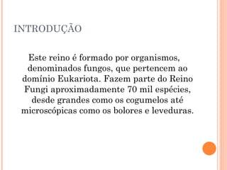 INTRODUÇÃO Este reino é formado por organismos, denominados fungos, que pertencem ao domínio Eukariota. Fazem parte do Reino Fungi aproximadamente 70 mil espécies, desde grandes como os cogumelos até microscópicas como os bolores e leveduras. 
