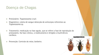 Doença de Chagas
 Protozoário: Trypanossoma cruzi.
 Diagnóstico: coleta de sangue detecção de anticorpos referentes ao
Trypanossoma sp.
 Tratamento: medicação na fase aguda, que se refere a fase de reprodução do
protozoário. Na fase crônica, o medicamento é dirigido a insuficiência
cardíaca.
 Prevenção: Controle do vetor, barbeiro.
 