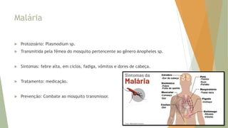 Malária
 Protozoário: Plasmodium sp.
 Transmitida pela fêmea do mosquito pertencente ao gênero Anopheles sp.
 Sintomas: febre alta, em ciclos, fadiga, vômitos e dores de cabeça.
 Tratamento: medicação.
 Prevenção: Combate ao mosquito transmissor.
 