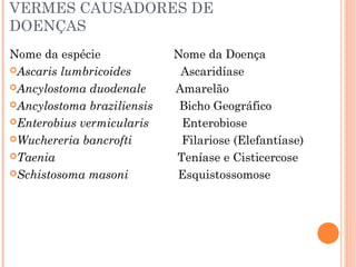 VERMES CAUSADORES DE
DOENÇAS
Nome da espécie
Ascaris lumbricoides
Ancylostoma duodenale
Ancylostoma braziliensis
Enterobius vermicularis
Wuchereria bancrofti
Taenia
Schistosoma masoni

Nome da Doença
Ascaridíase
Amarelão
Bicho Geográfico
Enterobiose
Filariose (Elefantíase)
Teníase e Cisticercose
Esquistossomose

 