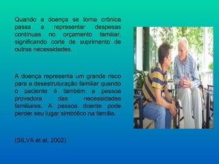 Quando a doença se torna crônica
passa     a   representar  despesas
contínuas no orçamento familiar,
significando corte de suprimento de
outras necessidades.



A doença representa um grande risco
para a desestruturação familiar quando
o paciente é também a pessoa
provedora      das       necessidades
familiares. A pessoa doente pode
perder seu lugar simbólico na família.



(SILVA et al, 2002)
 