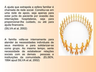 A ajuda que extrapola a esfera familiar é
chamada de rede social. Constitui-se em
uma rede de apoio, seja apenas para
estar junto do paciente por ocasião das
internações hospitalares, seja para
proporcionar-lhe cuidado, ou até para
ajuda financeira.
(SILVA et al, 2002)



A família volta-se internamente para
atender às necessidades individuais de
seus membros e para solidarizar-se
como grupo. Ao mesmo tempo, sente
necessidade de estabelecer relações
sociais com as demais        pessoas e
instituições da comunidade. (ELSEN,
1994 apud SILVA et al, 2002)
 