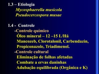 1.3 – Etiologia
Mycosphaerella musicola
Pseudocercospora musae
1.4 - Controle
-Controle químico
Óleo mineral – 12 –15 L/Há
Mancozeb, Clorotalonil, Carbendazin,
Propiconazole, Triadimenol.
-Controle cultural
Eliminação de folhas afetadas
Combate a ervas daninhas
Adubação equilibrada (Orgânica e K)
 
