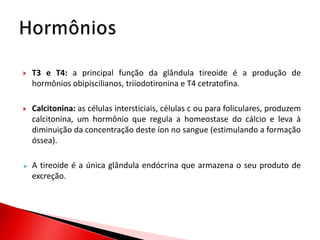    T3 e T4: a principal função da glândula tireoide é a produção de
    hormônios obipiscilianos, triiodotironina e T4 cetratofina.

   Calcitonina: as células intersticiais, células c ou para foliculares, produzem
    calcitonina, um hormônio que regula a homeostase do cálcio e leva à
    diminuição da concentração deste íon no sangue (estimulando a formação
    óssea).

   A tireoide é a única glândula endócrina que armazena o seu produto de
    excreção.
 