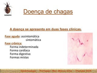 Doença de chagas
A doença se apresenta em duas fases clinicas:
Epidemiologia Professor: Msc. Márcio Silva Itaituba 2014
Fase aguda: assintomática
sintomática
Fase crônica:
Forma indeterminada
Forma cardíaca
Forma digestiva
Formas mistas
 