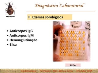 Diagnóstico Laboratorial
II. Exames sorológicos
• Anticorpos IgG
• Anticorpos IgM
• Hemoaglutinação
• Elisa
ELISA
Epidemiologia Professor: Msc. Márcio Silva Itaituba 2014
 