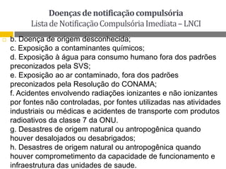 Doenças de notificação compulsória
Lista de Notificação Compulsória Imediata – LNCI


b. Doença de origem desconhecida;
c. Exposição a contaminantes químicos;
d. Exposição à água para consumo humano fora dos padrões
preconizados pela SVS;
e. Exposição ao ar contaminado, fora dos padrões
preconizados pela Resolução do CONAMA;
f. Acidentes envolvendo radiações ionizantes e não ionizantes
por fontes não controladas, por fontes utilizadas nas atividades
industriais ou médicas e acidentes de transporte com produtos
radioativos da classe 7 da ONU.
g. Desastres de origem natural ou antropogênica quando
houver desalojados ou desabrigados;
h. Desastres de origem natural ou antropogênica quando
houver comprometimento da capacidade de funcionamento e
infraestrutura das unidades de saude.

 