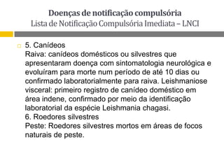 Doenças de notificação compulsória
Lista de Notificação Compulsória Imediata – LNCI


5. Canídeos
Raiva: canídeos domésticos ou silvestres que
apresentaram doença com sintomatologia neurológica e
evoluíram para morte num período de até 10 dias ou
confirmado laboratorialmente para raiva. Leishmaniose
visceral: primeiro registro de canídeo doméstico em
área indene, confirmado por meio da identificação
laboratorial da espécie Leishmania chagasi.
6. Roedores silvestres
Peste: Roedores silvestres mortos em áreas de focos
naturais de peste.

 