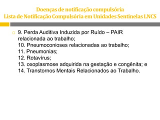 Doenças de notificação compulsória
Lista de Notificação Compulsória em Unidades Sentinelas LNCS


9. Perda Auditiva Induzida por Ruído – PAIR
relacionada ao trabalho;
10. Pneumoconioses relacionadas ao trabalho;
11. Pneumonias;
12. Rotavírus;
13. oxoplasmose adquirida na gestação e congênita; e
14. Transtornos Mentais Relacionados ao Trabalho.

 