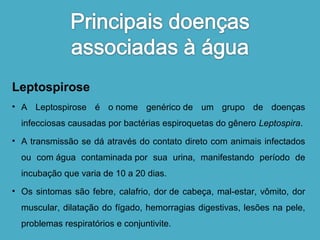 Leptospirose 
• A Leptospirose é o nome genérico de um grupo de doenças 
infecciosas causadas por bactérias espiroquetas do gênero Leptospira. 
• A transmissão se dá através do contato direto com animais infectados 
ou com água contaminada por sua urina, manifestando período de 
incubação que varia de 10 a 20 dias. 
• Os sintomas são febre, calafrio, dor de cabeça, mal-estar, vômito, dor 
muscular, dilatação do fígado, hemorragias digestivas, lesões na pele, 
problemas respiratórios e conjuntivite. 
 