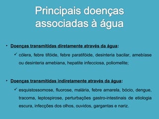 • Doenças transmitidas diretamente através da água: 
 cólera, febre tifóide, febre paratifóide, desinteria bacilar, amebíase 
ou desinteria amebiana, hepatite infecciosa, poliomelite; 
• Doenças transmitidas indiretamente através da água: 
 esquistossomose, fluorose, malária, febre amarela, bócio, dengue, 
tracoma, leptospirose, perturbações gastro-intestinais de etiologia 
escura, infecções dos olhos, ouvidos, gargantas e nariz. 
 