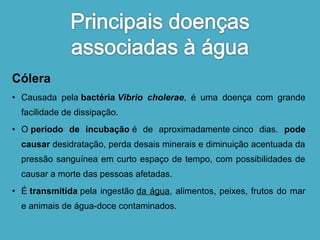 Cólera 
• Causada pela bactéria Vibrio cholerae, é uma doença com grande 
facilidade de dissipação. 
• O período de incubação é de aproximadamente cinco dias. pode 
causar desidratação, perda desais minerais e diminuição acentuada da 
pressão sanguínea em curto espaço de tempo, com possibilidades de 
causar a morte das pessoas afetadas. 
• É transmitida pela ingestão da água, alimentos, peixes, frutos do mar 
e animais de água-doce contaminados. 
 
