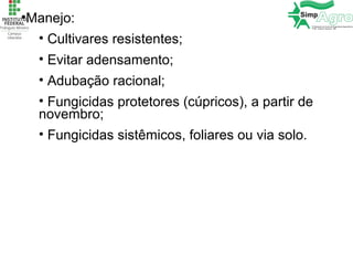 •Manejo:
• Cultivares resistentes;
• Evitar adensamento;
• Adubação racional;
• Fungicidas protetores (cúpricos), a partir de
novembro;
• Fungicidas sistêmicos, foliares ou via solo.
 