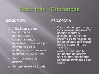 Descrição - DiferençasSociopatiaPsicopatiaA Sociopatia, é um transtorno de personalidade , comportamentos impulsivos ,  desprezo por normas sociais e indiferença aos direitos e sentimentos dos outros. Tem momentos de lucidez.Têm perversões sexuais Psicopata, a rigor designa toda pessoa que sofre de doença mental A psicopatia é bastante próxima do transtorno de personalidade anti-social, mas em geral, é mais severa .Normalmente não têm momentos de lucidez , nem de arrependimento por actos criminosos que fizera.
