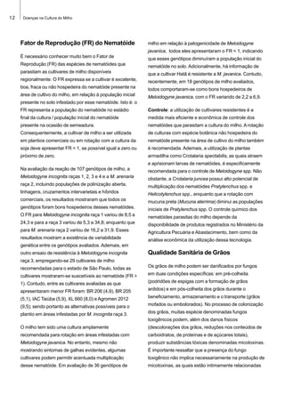 12

Doenças na Cultura do Milho

Fator de Reprodução (FR) do Nematóide

milho em relação à patogenicidade de Meloidogyne
javanica, todos eles apresentaram o FR < 1, indicando

É necessário conhecer muito bem o Fator de

que esses genótipos diminuíram a população inicial do

Reprodução (FR) das espécies de nematóides que

nematóide no solo. Adicionalmente, há informação de

parasitam as cultivares de milho disponíveis

que a cultivar Hatã é resistente a M. javanica. Contudo,

regionalmente. O FR expressa se a cultivar é excelente,

recentemente, em 18 genótipos de milho avaliados,

boa, fraca ou não hospedeira do nematóide presente na

todos comportaram-se como bons hospedeiros de

área de cultivo do milho, em relação à população inicial

Meloidogyne javanica, com o FR variando de 2,2 a 6,9.

presente no solo infestado por esse nematóide. Isto é: o
FR representa a população do nematóide no estádio

Controle: a utilização de cultivares resistentes é a

final da cultura / população inicial do nematóide

medida mais eficiente e econômica de controle dos

presente na ocasião de semeadura.

nematóides que parasitam a cultura do milho. A rotação

Consequentemente, a cultivar de milho a ser utilizada

de culturas com espécie botânica não hospedeira do

em plantios comerciais ou em rotação com a cultura da

nematóide presente na área de cultivo do milho também

soja deve apresentar FR < 1, se possível igual a zero ou

é recomendada. Ademais, a utilização de plantas

próximo de zero.

armadilha como Crotalaria spectabilis, as quais atraem
e aprisionam larvas de nematóides, é especificamente

Na avaliação da reação de 107 genótipos de milho, a

recomendada para o controle de Meloidogyne spp. Não

Meloidogyne incognita raças 1, 2, 3 e 4 e a M. arenaria

obstante, a Crotalaria juncea possui alto potencial de

raça 2, incluindo populações de polinização aberta,

multiplicação dos nematóides Pratylenchus spp. e

linhagens, cruzamentos intervarietais e híbridos

Helicotylenchus spp., enquanto que a rotação com

comerciais, os resultados mostraram que todos os

mucuna preta (Mucuna aterrima) diminui as populações

genótipos foram bons hospedeiros desses nematóides.

iniciais de Pratylenchus spp. O controle químico dos

O FR para Meloidogyne incognita raça 1 variou de 8,5 a

nematóides parasitas do milho depende da

24,3 e para a raça 3 variou de 5,3 a 34,8; enquanto que

disponibilidade de produtos registrados no Ministério da

para M. arenaria raça 2 variou de 16,2 a 31,9. Esses

Agricultura Pecuária e Abastacimento, bem como da

resultados mostram a existência de variabilidade

análise econômica da utilização dessa tecnologia.

genética entre os genótipos avaliados. Ademais, em
outro ensaio de resistência à Meloidogyne incognita

Qualidade Sanitária de Grãos

raça 3, empregando-se 29 cultivares de milho
recomendadas para o estado de São Paulo, todas as

Os grãos de milho podem ser danificados por fungos

cultivares mostraram-se suscetíveis ao nematóide (FR >

em duas condições específicas: em pré-colheita

1). Contudo, entre as cultivares avaliadas as que

(podridões de espigas com a formação de grãos

apresentaram menor FR foram: BR 206 (4,9), BR 205

ardidos) e em pós-colheita dos grãos durante o

(5,1), IAC Taiúba (5,9), XL 660 (8,0) e Agromen 2012

beneficiamento, armazenamento e o transporte (grãos

(9,5); sendo portanto as alternativas possíveis para o

mofados ou embolorados). No processo de colonização

plantio em áreas infestadas por M. incognita raça 3.

dos grãos, muitas espécie denominadas fungos
toxigênicos podem, além dos danos físicos

O milho tem sido uma cultura amplamente

(descolorações dos grãos, reduções nos conteúdos de

recomendada para rotação em áreas infestadas com

carboidratos, de proteínas e de açúcares totais),

Meloidogyne javanica. No entanto, mesmo não

produzir substâncias tóxicas denominadas micotoxinas.

mostrando sintomas de galhas evidentes, algumas

É importante ressaltar que a presença do fungo

cultivares podem permitir acentuada multiplicação

toxigênico não implica necessariamente na produção de

desse nematóide. Em avaliação de 36 genótipos de

micotoxinas, as quais estão intimamente relacionadas

 