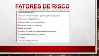 Desvio de septo nasal
Conviver constantemente entre grandes aglomerados humanos.
Sistema imunológico deficiente.
Outras infecções nas vias respiratórias.
Fumar ou conviver com fumadores
Beber pouca água.
Contacto com poluição do ar e ambientes com bolor/mofo.
Ambiente empoeirado, sujo ou arenoso.
Alergias.
Grandes variações climáticas.
 