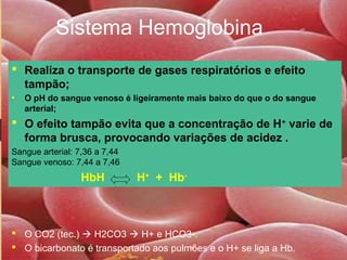Sistema Hemoglobina
 Realiza o transporte de gases respiratórios e efeito
tampão;
• O pH do sangue venoso é ligeiramente mais baixo do que o do sangue
arterial;
 O efeito tampão evita que a concentração de H+
varie de
forma brusca, provocando variações de acidez .
Sangue arterial: 7,36 a 7,44
Sangue venoso: 7,44 a 7,46
HbH H+
+ Hb-
 O CO2 (tec.)  H2CO3  H+ e HCO3-.
 O bicarbonato é transportado aos pulmões e o H+ se liga a Hb.
 