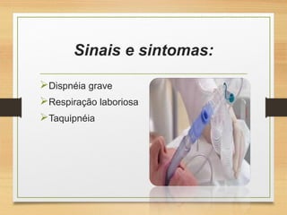 Sinais e sintomas:
Dispnéia grave
Respiração laboriosa
Taquipnéia
 