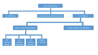 Lupus Eritematoso
L.E. Sistémico L.E. Induzido por Medicamentos L.E. Cutâneo
Lesões cutâneas inespecificas
Lesões cutâneas especificas
L.E.
Cutâneo
Agudo
L.E.
Cutâneo
Subagudo
L.E.
Cutâneo
Crónico
Outros:
E. bolhosa
 