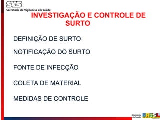 INVESTIGAÇÃO E CONTROLE DE    SURTO DEFINIÇÃO DE SURTO    NOTIFICAÇÃO DO SURTO  FONTE DE INFECÇÃO COLETA DE MATERIAL  MEDIDAS DE CONTROLE 