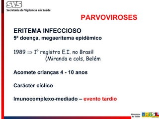 PARVOVIROSES ERITEMA INFECCIOSO 5ª doença, megaeritema epidêmico 1989    1° registro E.I. no Brasil    (Miranda e cols, Belém   Acomete crianças 4 - 10 anos Carácter cíclico Imunocomplexo-mediado –  evento tardio 