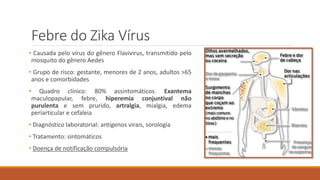 Febre do Zika Vírus
• Causada pelo vírus do gênero Flavivirus, transmitido pelo
mosquito do gênero Aedes
• Grupo de risco: gestante, menores de 2 anos, adultos >65
anos e comorbidades
• Quadro clínico: 80% assintomáticos. Exantema
maculopapular, febre, hiperemia conjuntival não
purulenta e sem prurido, artralgia, mialgia, edema
periarticular e cefaleia
• Diagnóstico laboratorial: antígenos virais, sorologia
• Tratamento: sintomáticos
• Doença de notificação compulsória
 