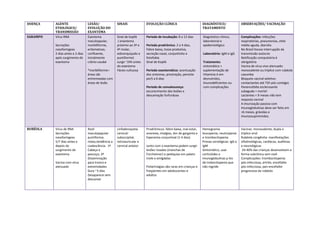 DOENÇA    AGENTE                  LESÃO/              SINAIS             EVOLUÇÃO CLÍNICA                         DIAGNÓSTICO/                OBSERVAÇÕES/ VACINAÇÃO
          ETIOLÓGICO/             EVOLUÇÃO DO                                                                     TRATAMENTO
          TRANSMISSÃO             EXANTEMA
SARAMPO   Vírus RNA               Exantema            Sinal de koplik    Período de incubação: 8 a 12 dias        Diagnóstico clínico,        Complicações: infecções
                                  maculoapular,        ( enantema                                                 laboratorial e              respiratórias, pneumonias, otite
          Secreções               morbiliforme,       próximo ao 3º e    Período prodrômico: 2 a 4 dias,          epidemiológico              média aguda, diarréia
          nasofaríngeas           eritematoso,        4º molar,          Febre baixa, tosse produtiva,                                        No Brasil houve interrupção da
          2 dias antes e 2 dias   confluente,         esbranquiçado e    secreção nasal, conjuntivite e           Laboratório: IgM e IgG      transmissão autocne
          após surgimento de      inicialmente        puntiforme)        fotofobia                                                            Notificação compulsória é
          exantema                crânio-caudal       surge ~24h antes   Sinal de Koplik                          Tratamento:                 obrigatória
                                                      do exantema                                                 sintomático +               Vacina de vírus vivo atenuado:
                                  *morbiliforme=      Fácies vultuosa    Período exantemático: acentuação         suplementação de            monovalente ou tríplice com rubéola e
                                  áreas sãs                              dos sintomas, prostração, persiste       Vitamina A em               caxumba
                                  entremeadas com                        por5 a 6 dias                            desnutridos,                Bloqueio vacinal seletivo:
                                  áreas de lesão                                                                  imunodeficientes ou         contactantes até 72h pós contágio
                                                                         Período de convalescença:                com complicações            Panencefalte esclerosante
                                                                         escurecimento das lesões e                                           subaguda = morte!
                                                                         descamação furfurácea                                                Lactentes < 9 meses não tem
                                                                                                                                              resposta vacinal
                                                                                                                                              A imunização passiva com
                                                                                                                                              Imunoglobulinas deve ser feita em
                                                                                                                                              <6 meses, grávidas e
                                                                                                                                              imunossuprimindos.


RUBÉOLA   Vírus de RNA            Rash                Linfadenopatia     Prodrômicos: febre baixa, mal-estar,     Hemograma:                  Vacinas: monovalente, dupla o
          Secreções               maculopapular       cervical:          anorexia, mialgias, dor de garganta e    leucopenia, neutropenia     tríplice viral
          nasofaríngeas           puntiforme,         suboccipital,      hiperemia conjuntival (1-4 dias)         e trombocitopenia           Rubéola congênita: manifestações
          5/7 dias antes e        róseo,tendência a   retroauricular e                                            Provas sorológicas: IgG e   oftalmológicas, cardíacas, auditivas
          depois do               coalescência. 1º    cervical anteior   Junto com o exantema podem surgir        IgM                         e neurológicas
          surgimento do           Cabeça e                               lesões rosadas (manchas de               Sintomático, usar            24-40% das crianças desenvolvem a
          exantema                pescoço; 2º                            Forcheimer) e petéquias em palato        corticóides e               forma subclínica sem rash
                                  Disseminação                           mole e amígdalas                         imunoglobulinas p tto       Complicações: trombocitopenia
          Vacina com vírus        para tronco e                                                                   de trobocitopenia que       pós-infecciosa, artrite, encefalite
          atenuado                extremidades                           Poliartralgias são raras em crianças e   não regride                 pós-infecciosa, pan-encefalite
                                  Dura ~3 dias                           freqüentes em adolescentes e                                         progressiva da rubéola
                                  Desaparece sem                         adultos
                                  descamar
 