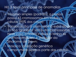 Há 3 tipos principais de anomalias
• Trissomia simples (padrão): a pessoa
possui 47 cromossomos em todas as
células (95% dos casos);
• Translocação: o cromossomo extra do par
21 fica "grudado" em outro cromossomo.
Nese caso embora indivíduo tenha 46
cromossomos, ele é portador da
Síndrome de Down;
• Mosaico: alteração genética
compromete apenas parte das células.
 