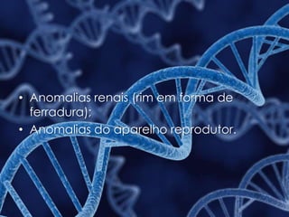 • Anomalias renais (rim em forma de
ferradura);
• Anomalias do aparelho reprodutor.
 