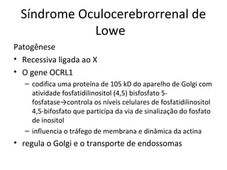 Síndrome Oculocerebrorrenal de
Lowe
Patogênese
• Recessiva ligada ao X
• O gene OCRL1
– codifica uma proteína de 105 kD do aparelho de Golgi com
atividade fosfatidilinositol (4,5) bisfosfato 5-
fosfatase→controla os níveis celulares de fosfatidilinositol
4,5-bifosfato que participa da via de sinalização do fosfato
de inositol
– influencia o tráfego de membrana e dinâmica da actina
• regula o Golgi e o transporte de endossomas
 