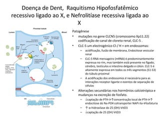 Doença de Dent, Raquitismo Hipofosfatêmico
recessivo ligado ao X, e Nefrolitíase recessiva ligada ao
X
Patogênese
• mutações no gene CLCN5 (cromossomo Xp11.22)
codificação de canal de cloreto renal, CLC-5 .
• CLC-5 um electrogénico Cl-/ H + em endossomas:
– acidificação, fusão de membrana, Endocitose vesicular
renal
– CLC-5 RNA mensageiro (mRNA) é predominantemente
expressa no rim, mas também está presente no fígado,
cérebro, testículos e intestino delgado e cólon. CLC-5 é
altamente expressa em todos os três segmentos (S1-S3)
do túbulo proximal
– A acidificação dos endossomos é necessária para as
interações receptor-ligante e eventos de separação de
células
• Alterações secundárias nos hormônios calciotrópica e
mudanças na excreção de fosfato.
– ↓captação de PTH→↑concentração local de PTH→↑
endocitose do Na-PO4 cotransporter NAPI-IIa→fosfaturia
– ↑ α-hidroxilase do 25 (OH)-VitD3
– ↓captação de 25 (OH) VitD3
 